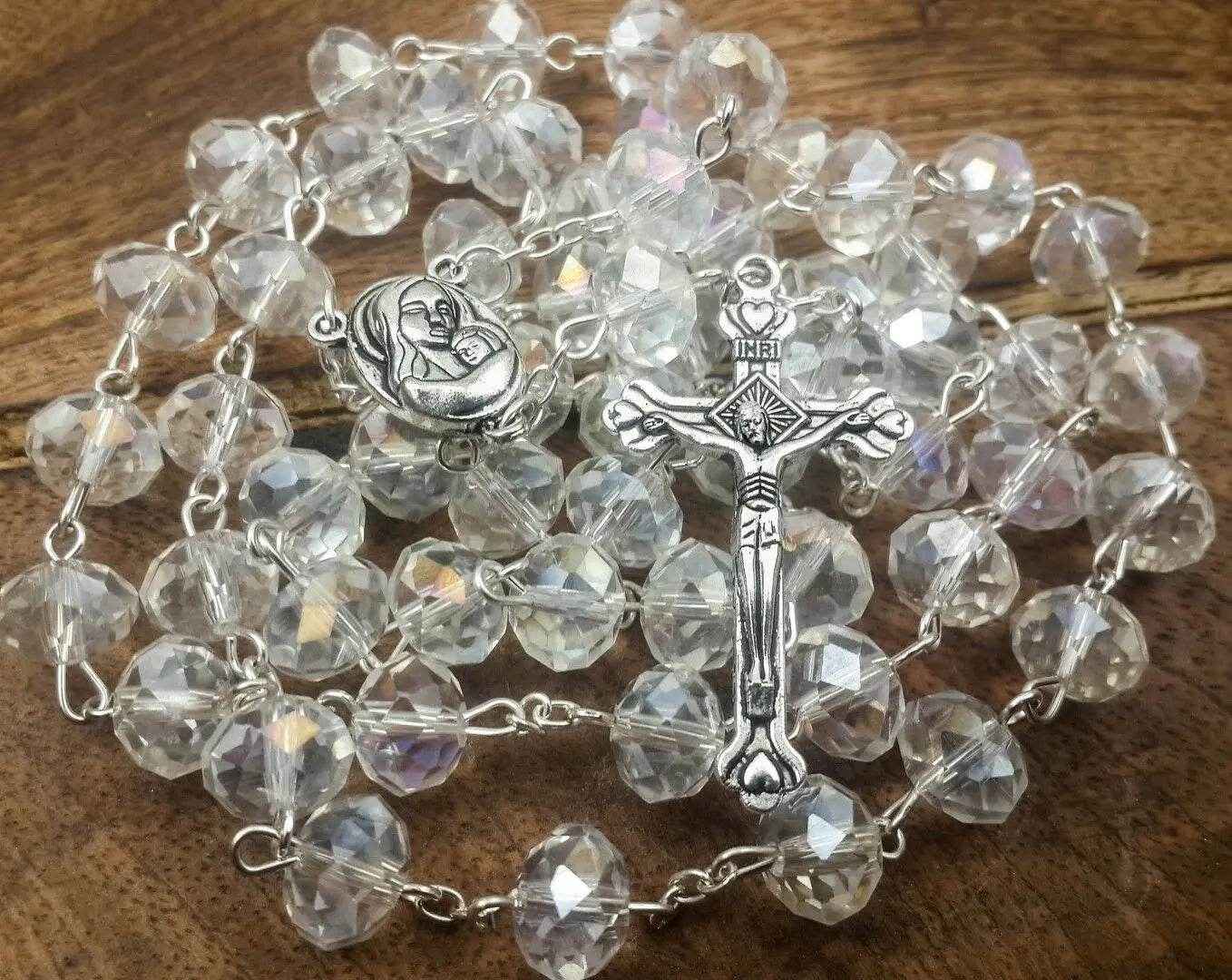 White Crystal Rosary Beads Necklace Holy Soil Medal & Cross Crucifix