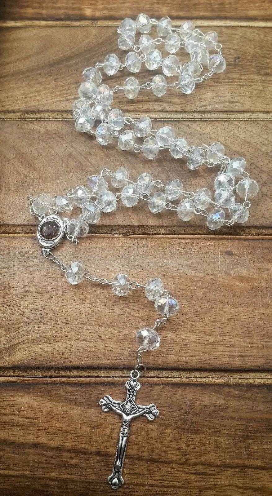 White Crystal Rosary Beads Necklace Holy Soil Medal & Cross Crucifix