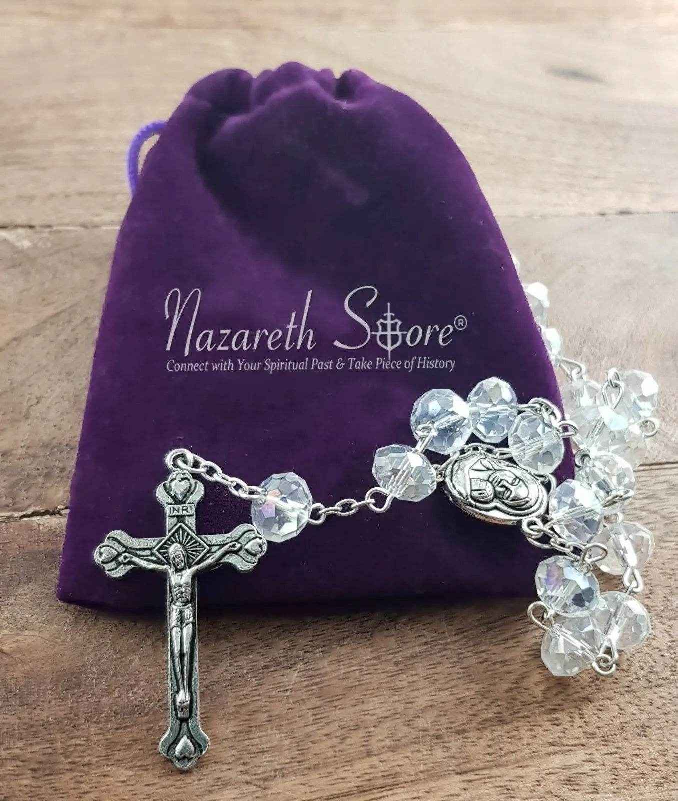 White Crystal Rosary Beads Necklace Holy Soil Medal & Cross Crucifix - Nazareth Store