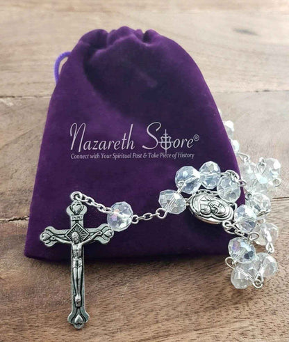 White Crystal Rosary Beads Necklace Holy Soil Medal & Cross Crucifix - Nazareth Store