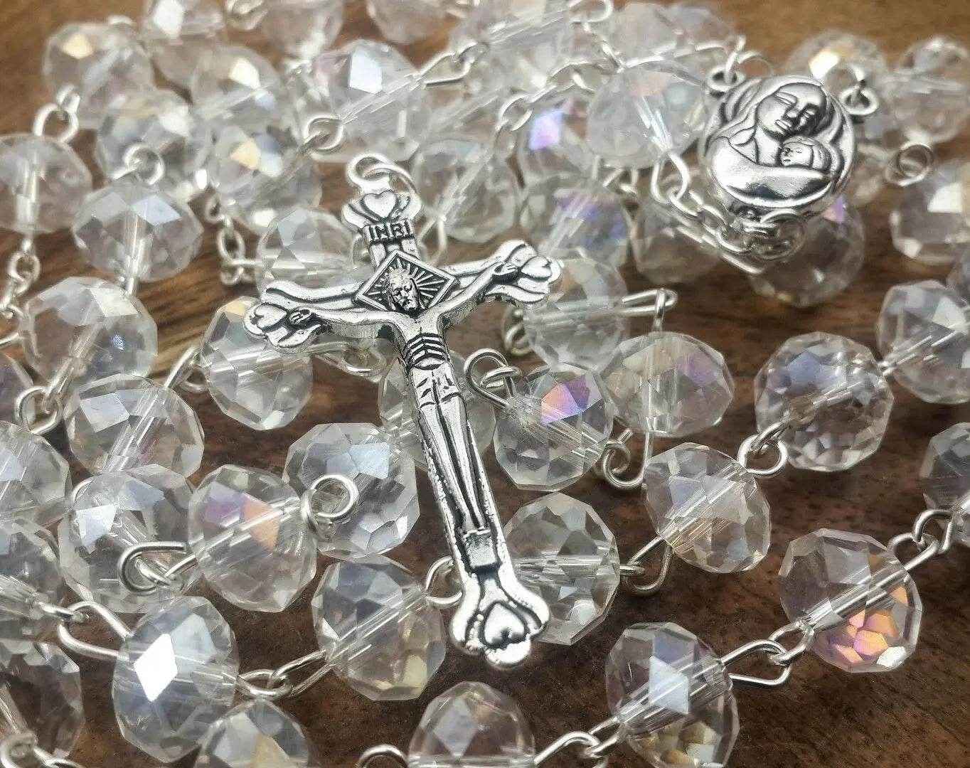 White Crystal Rosary Beads Necklace Holy Soil Medal & Cross Crucifix
