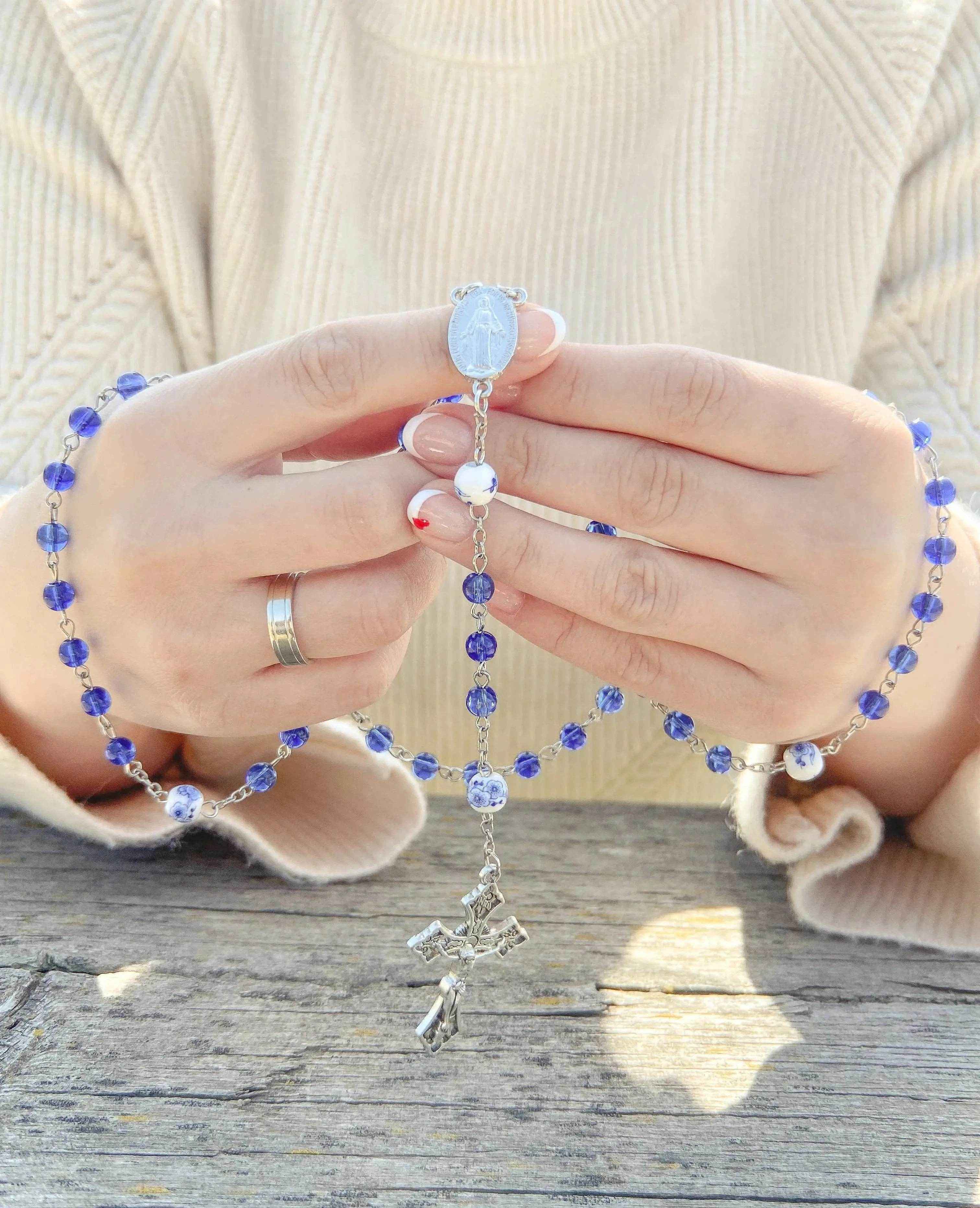 Blue Glass Catholic Rosary White Flowers Beads with Miraculous Medal & Cross - Nazareth Store