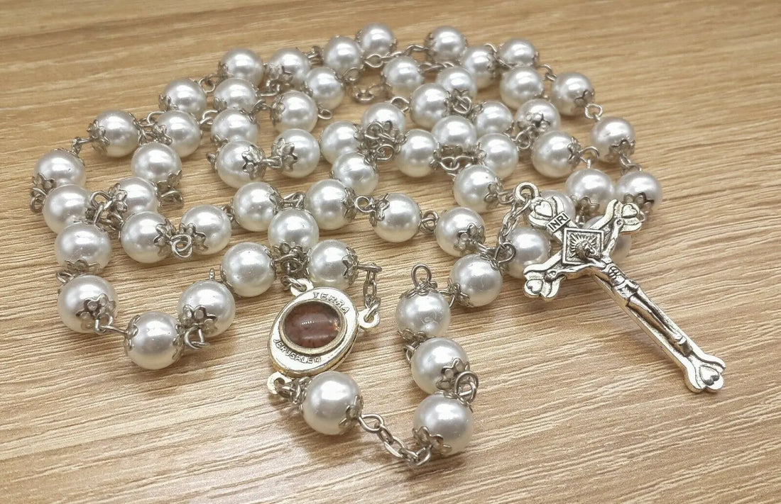 White Pearl Beads Rosary Necklace Holy Mary Medal & Cross in Velvet Bag Nazareth Store