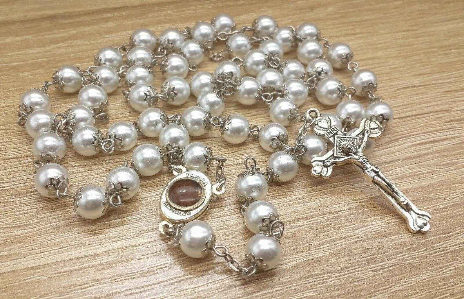 White Pearl Beads Rosary Necklace Holy Mary Medal & Cross Velvet Bag