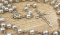 White Pearl Beads Rosary Necklace Holy Mary Medal & Cross in Velvet Bag Nazareth Store