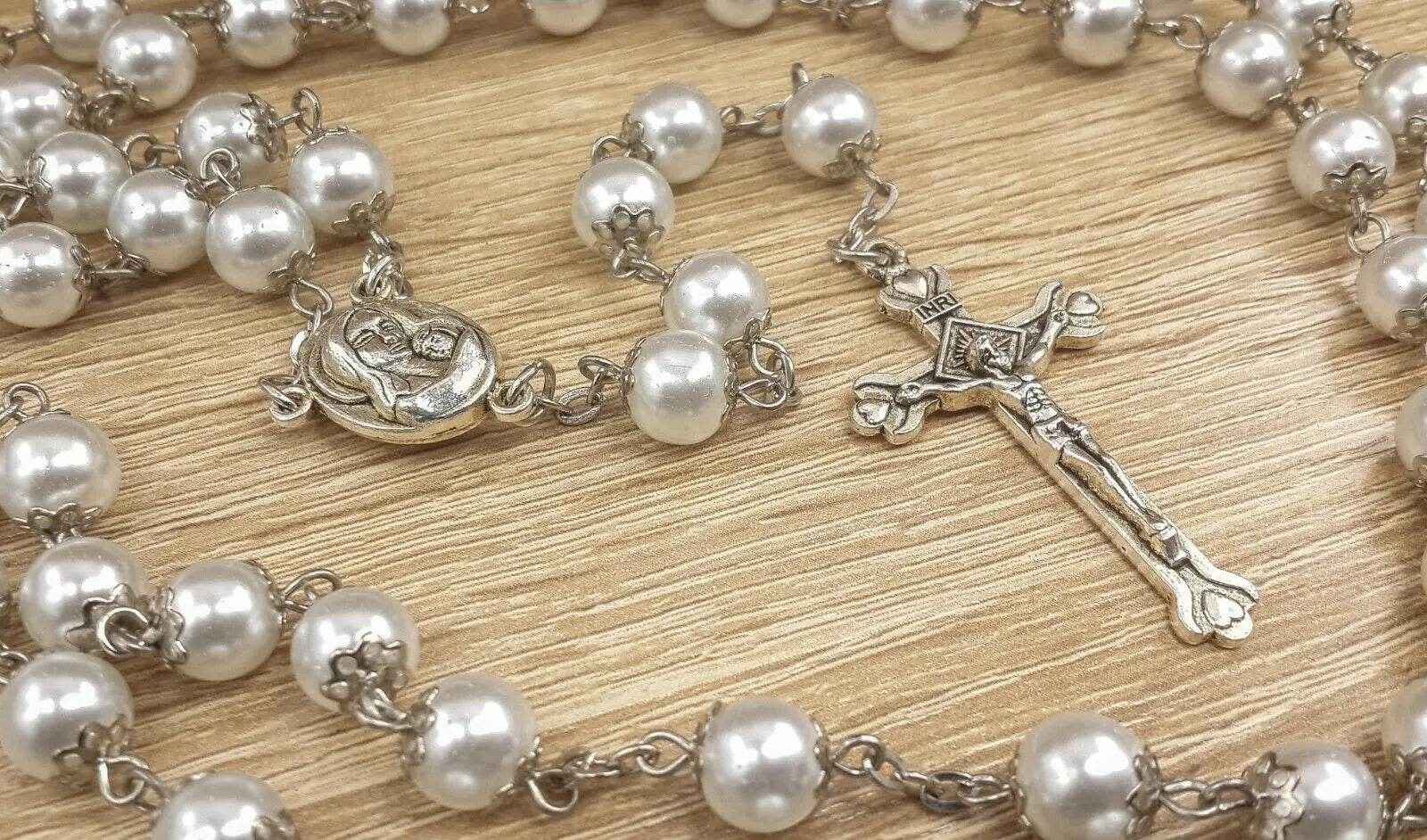 White Pearl Beads Rosary Necklace Holy Mary Medal & Cross Velvet Bag