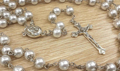 White Pearl Beads Rosary Necklace Holy Mary Medal & Cross Velvet Bag