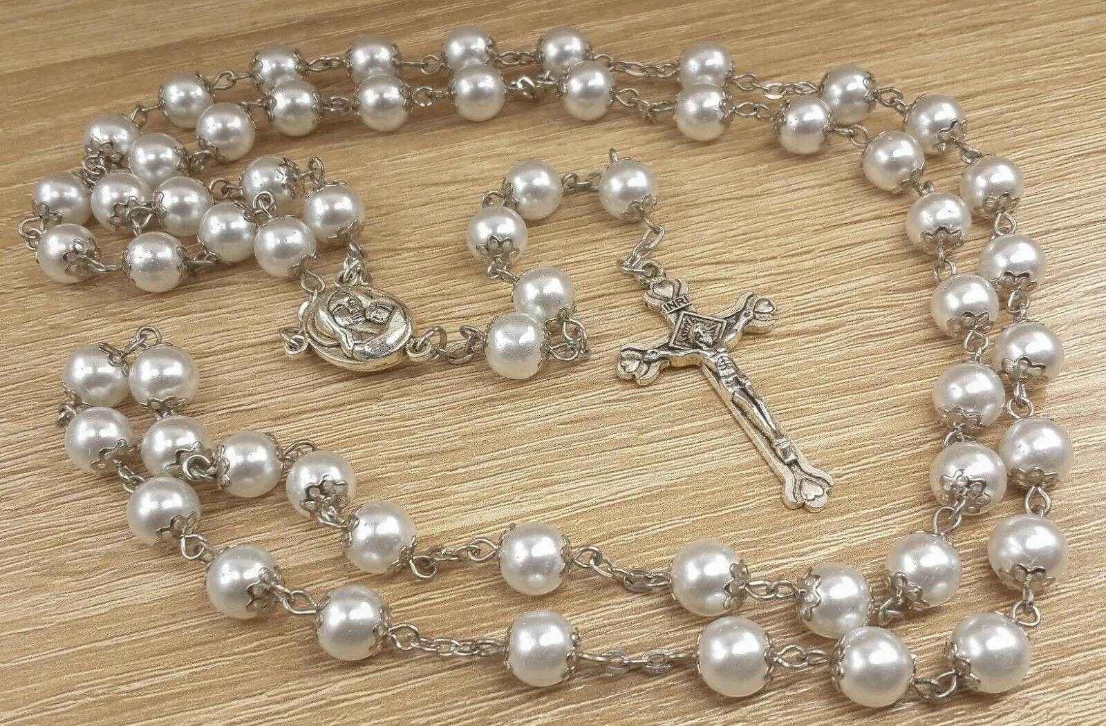 White Pearl Beads Rosary Necklace Holy Mary Medal & Cross Velvet Bag