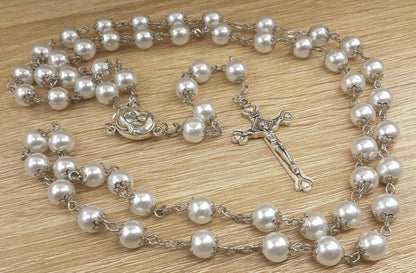 White Pearl Beads Rosary Necklace Holy Mary Medal & Cross Velvet Bag
