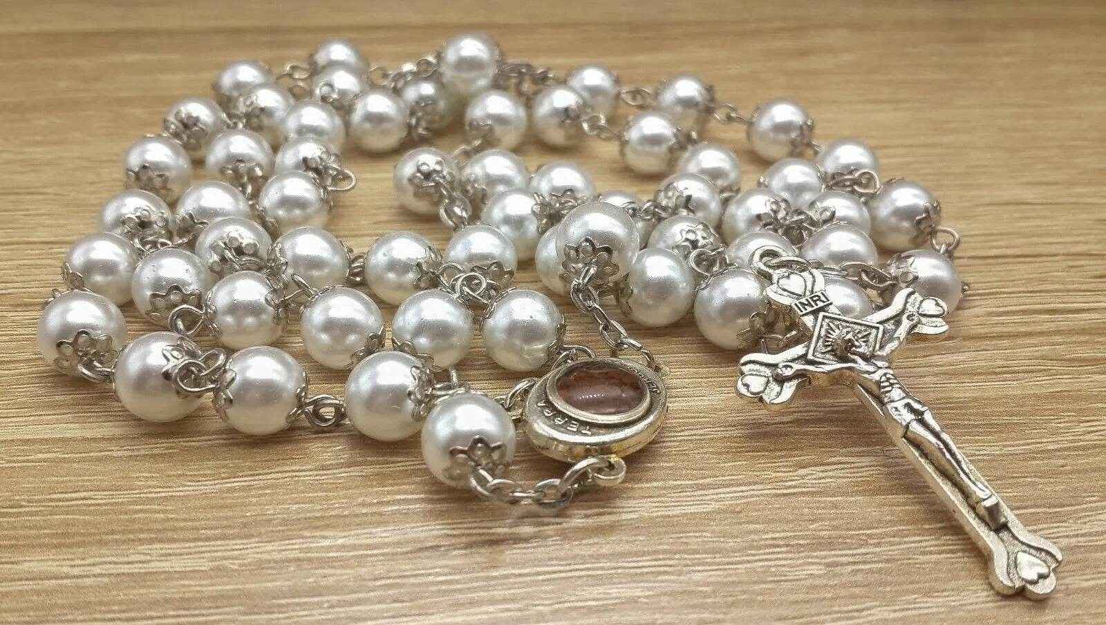 White Pearl Beads Rosary Necklace Holy Mary Medal & Cross Velvet Bag