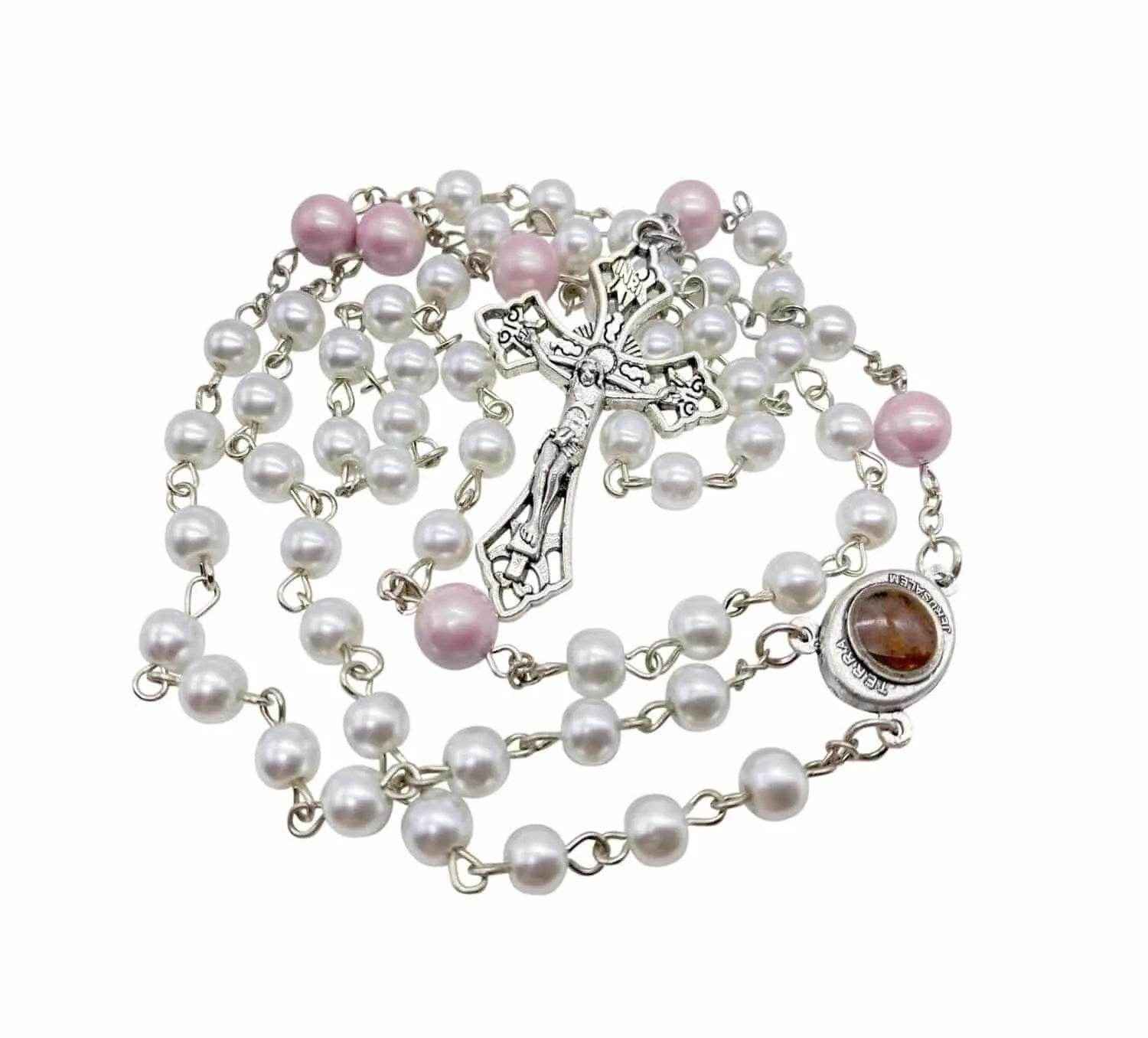 White Pearl Beads Rosary Necklace Purple Glory Beads Holy Mary Medal - Nazareth Store