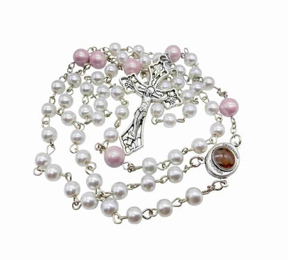 White Pearl Beads Rosary Necklace Purple Glory Beads Holy Mary Medal - Nazareth Store