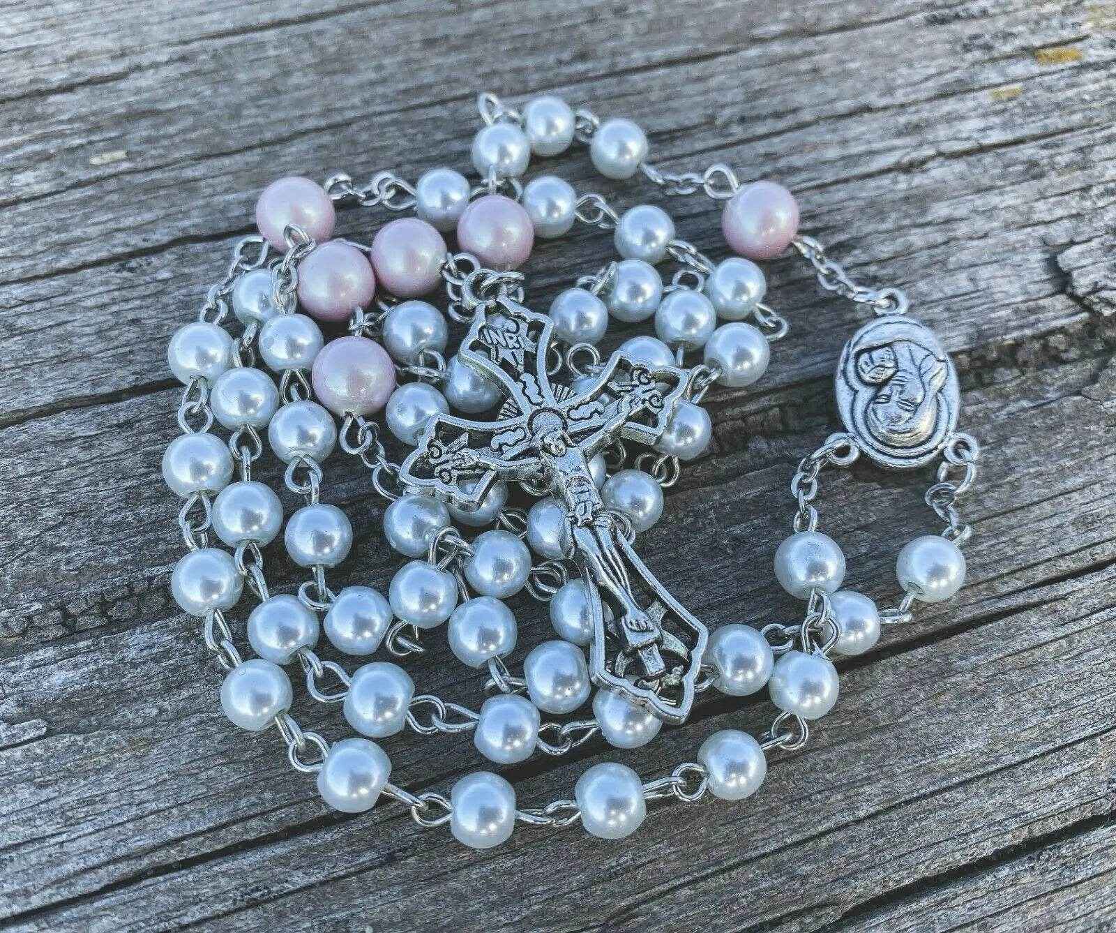 White Pearl Beads Rosary Necklace Purple Glory Beads Holy Mary Medal - Nazareth Store