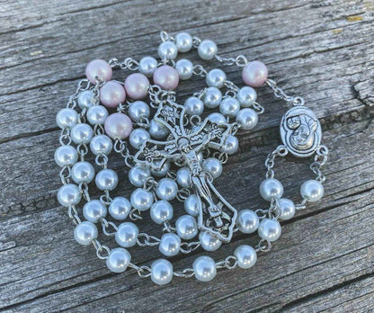 White Pearl Beads Rosary Necklace Purple Glory Beads Holy Mary Medal - Nazareth Store