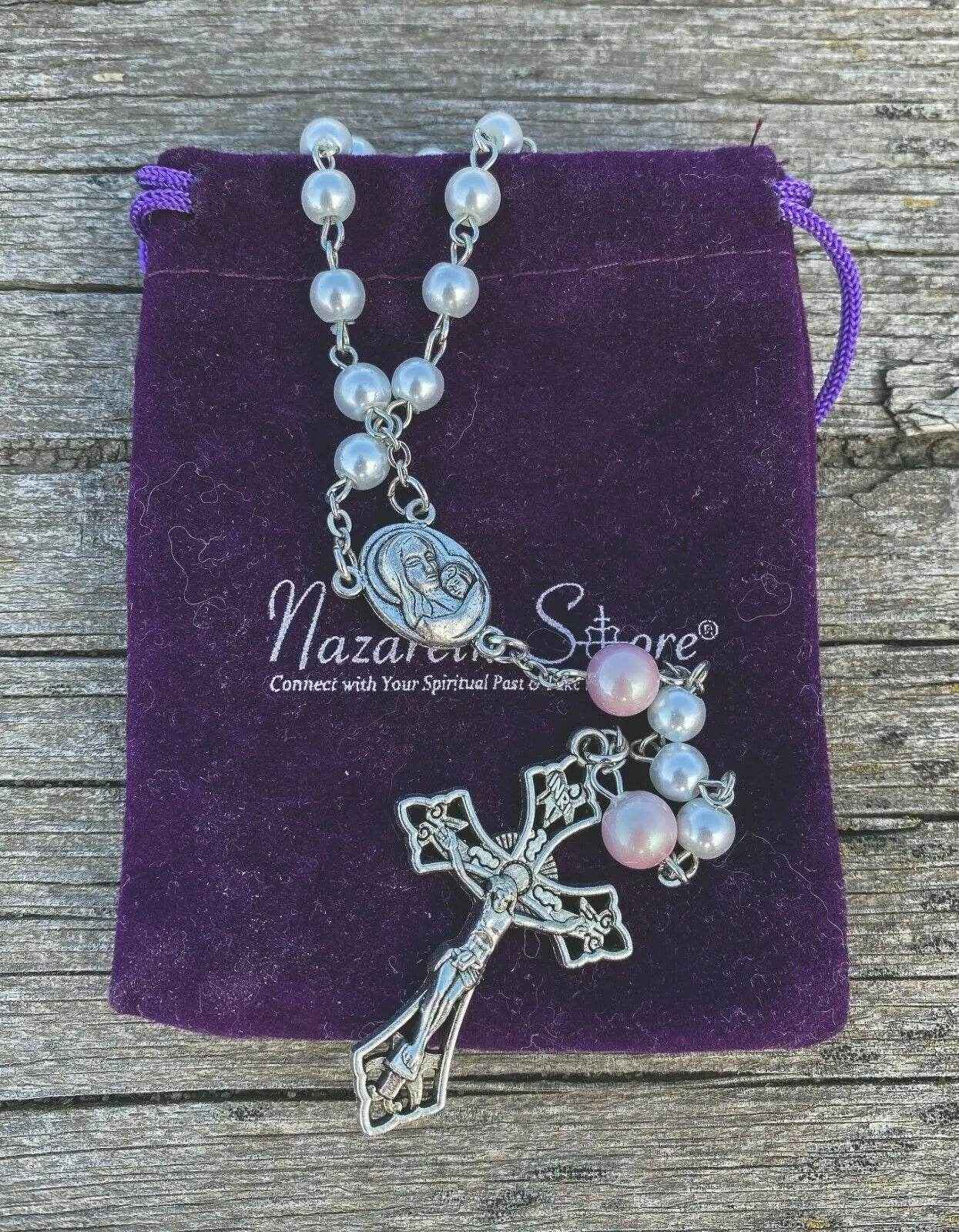 White Pearl Beads Rosary Necklace Purple Glory Beads Holy Mary Medal - Nazareth Store
