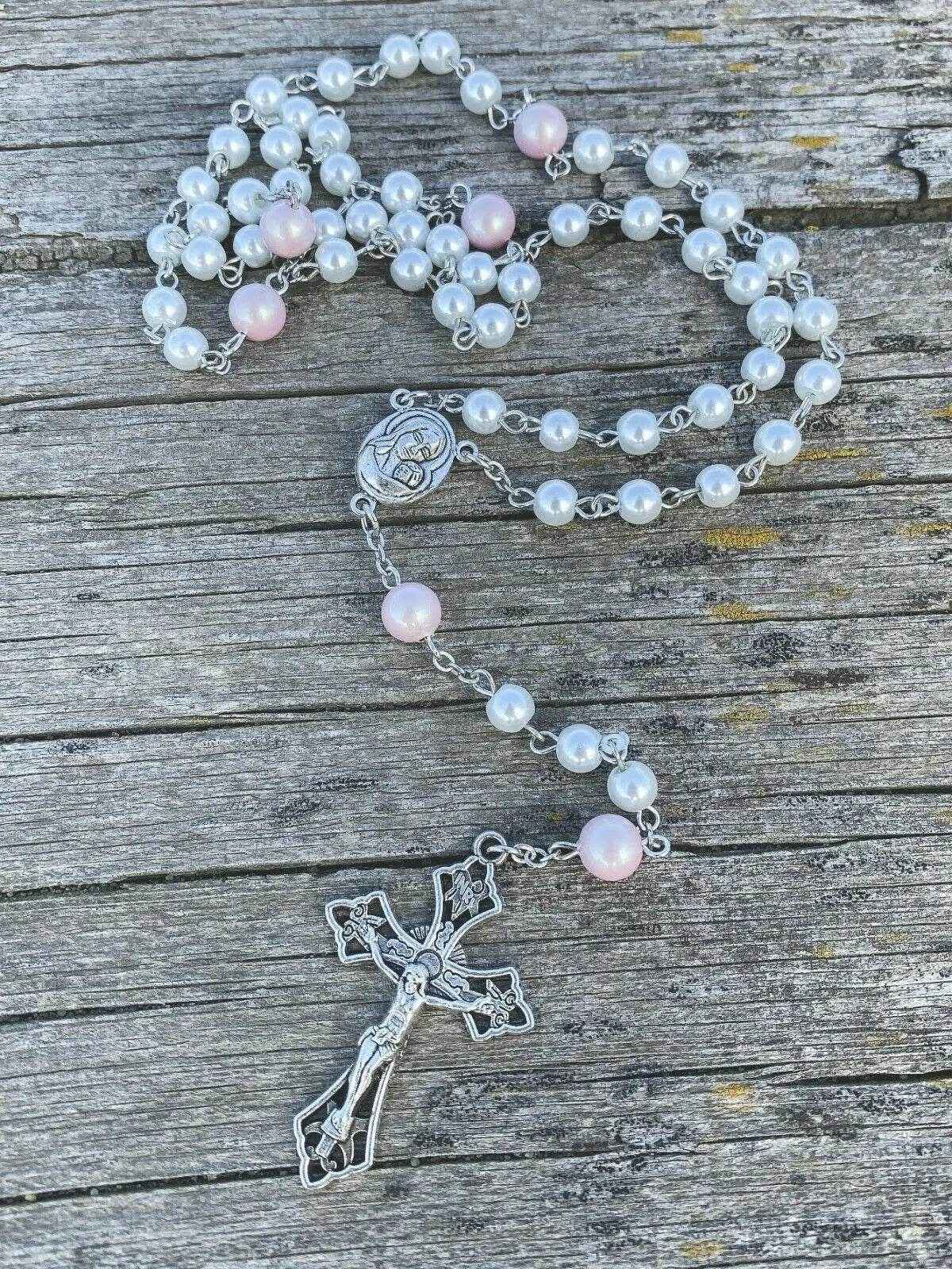 White Pearl Beads Rosary Necklace Purple Glory Beads Holy Mary Medal - Nazareth Store