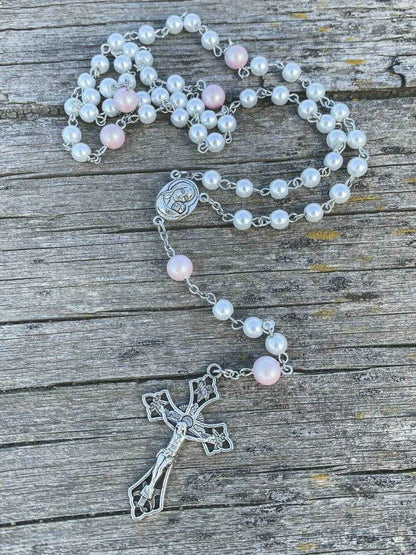 White Pearl Beads Rosary Necklace Purple Glory Beads Holy Mary Medal - Nazareth Store