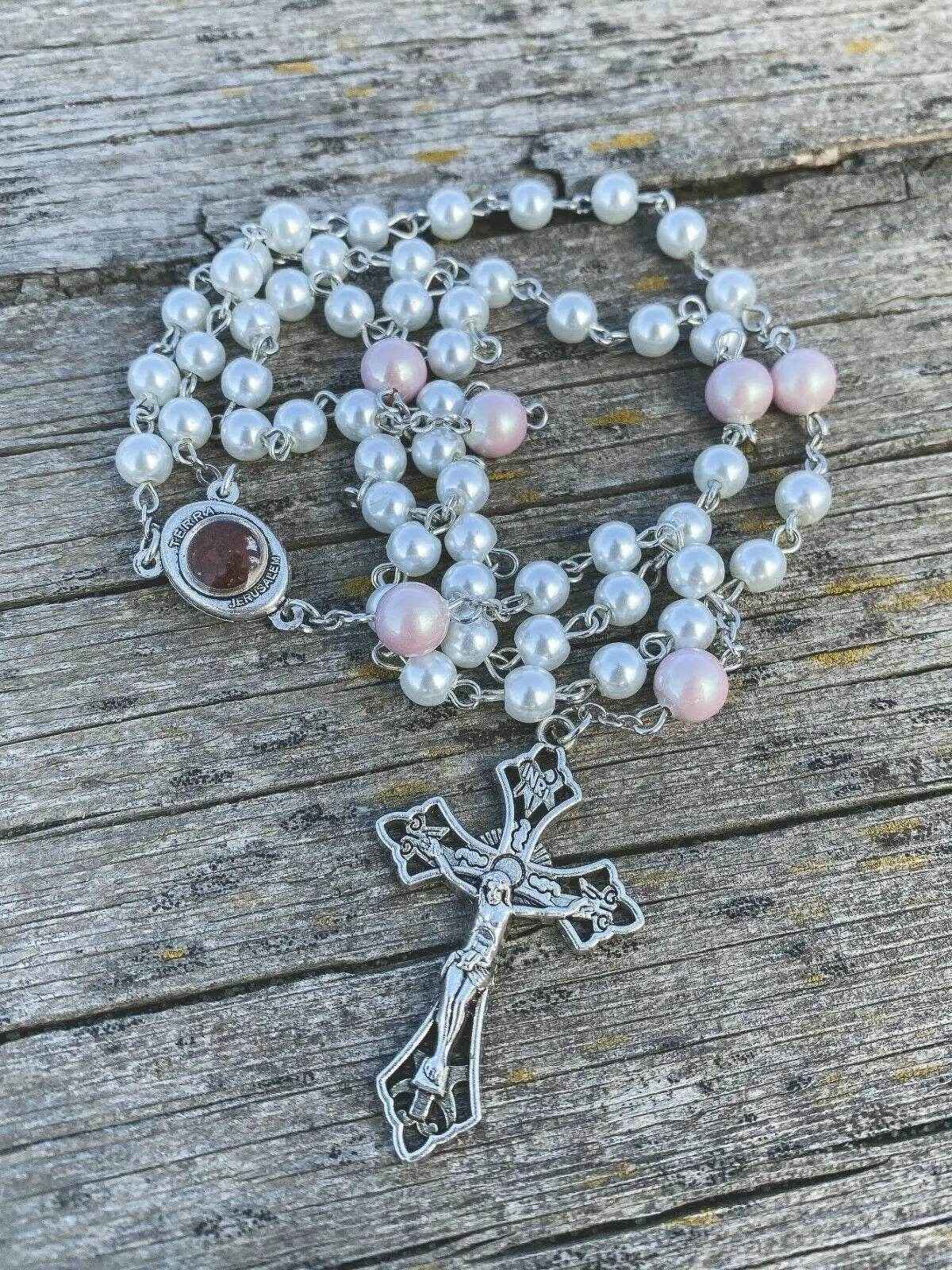 White Pearl Beads Rosary Necklace Purple Glory Beads Holy Mary Medal - Nazareth Store
