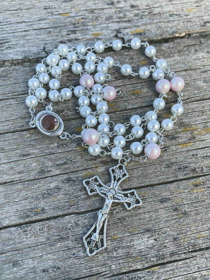 White Pearl Beads Rosary Necklace Purple Glory Beads Holy Mary Medal - Nazareth Store