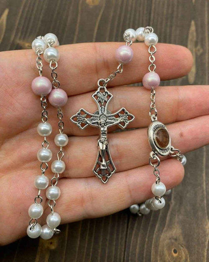White Pearl Beads Rosary Necklace Purple Glory Beads Holy Mary Medal - Nazareth Store