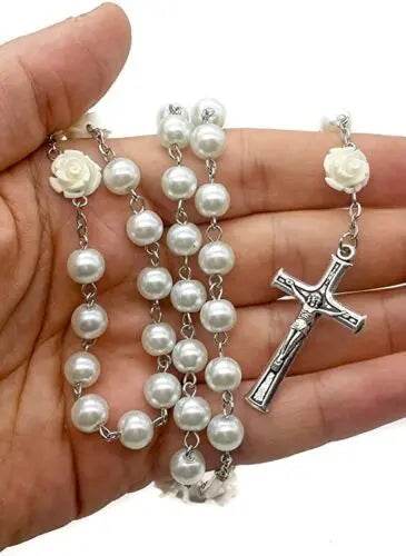 White Pearl Beads Rosary Necklace with Our Rose Lourdes Medal & Cross Crucifix - Nazareth Store