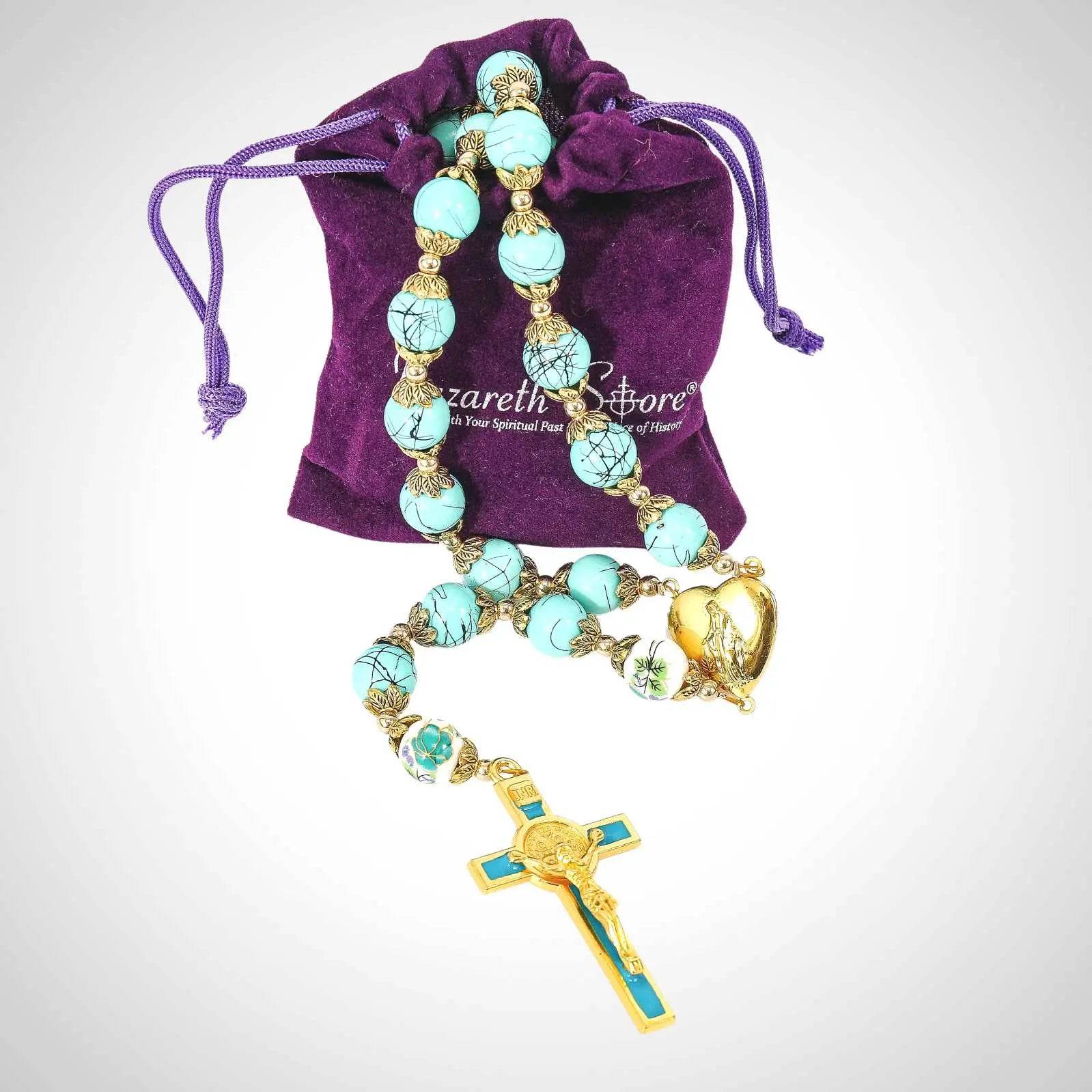 Turquoise Glass Rosary Necklace Flower Mystery Beads with Miraculous Medal & St. Benedict Crucifix - Nazareth Store