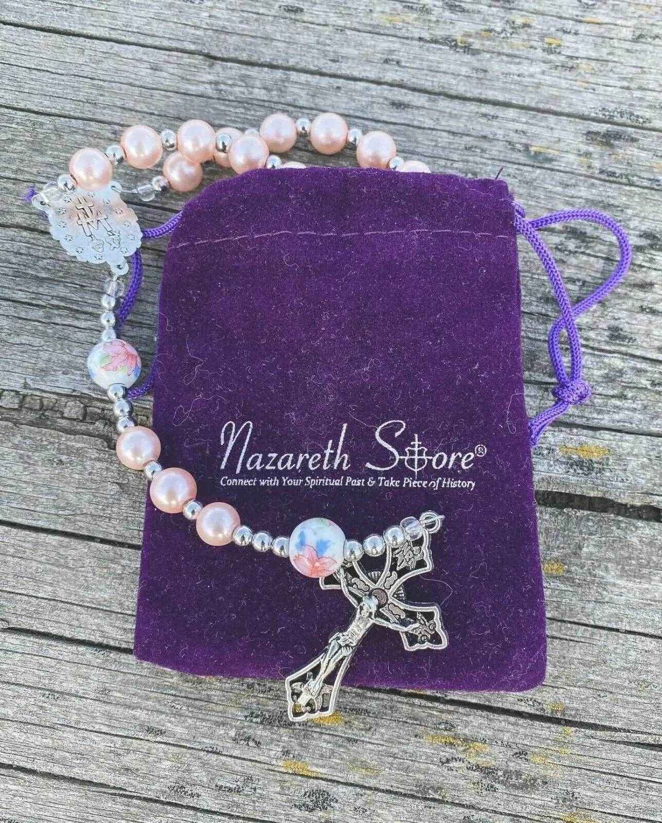 Pink Pearl Rosary Beads Necklace Miraculous Medal & Cross Crucifix - Nazareth Store