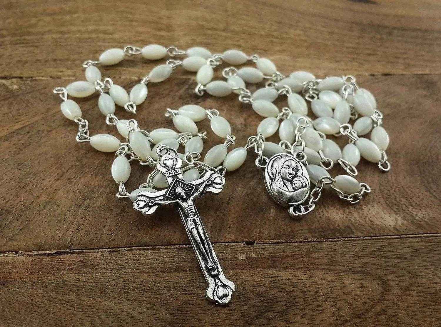Catholic Rosary Necklace Pearl Shell Beads with Jerusalem Holy Soil Medal - Nazareth Store