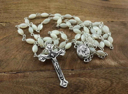Catholic Rosary Necklace Pearl Shell Beads with Jerusalem Holy Soil Medal - Nazareth Store