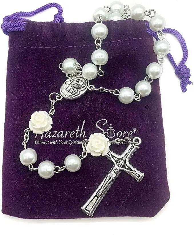 White Pearl Beads Rosary Necklace with Our Rose Lourdes Medal & Cross Crucifix - Nazareth Store