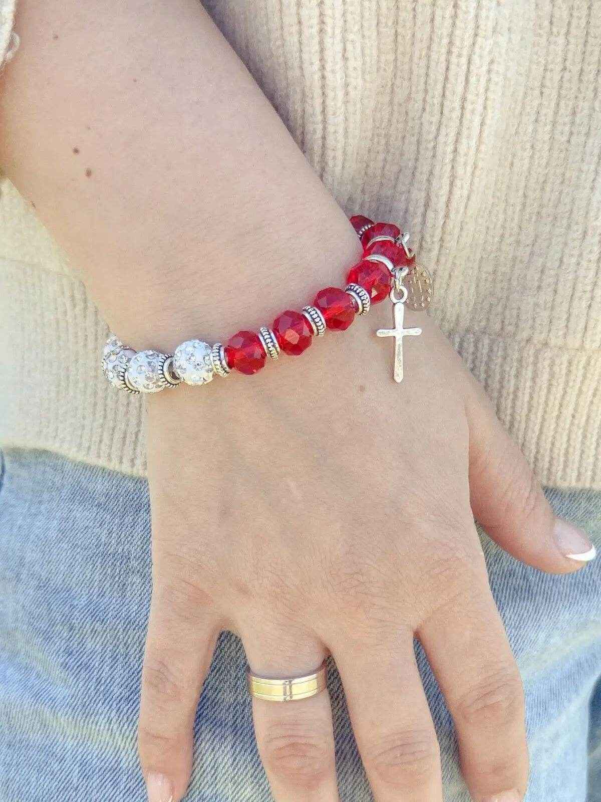 Womens Beaded Rosary Bracelet Crystal Beads Cross & Miraculous Medal