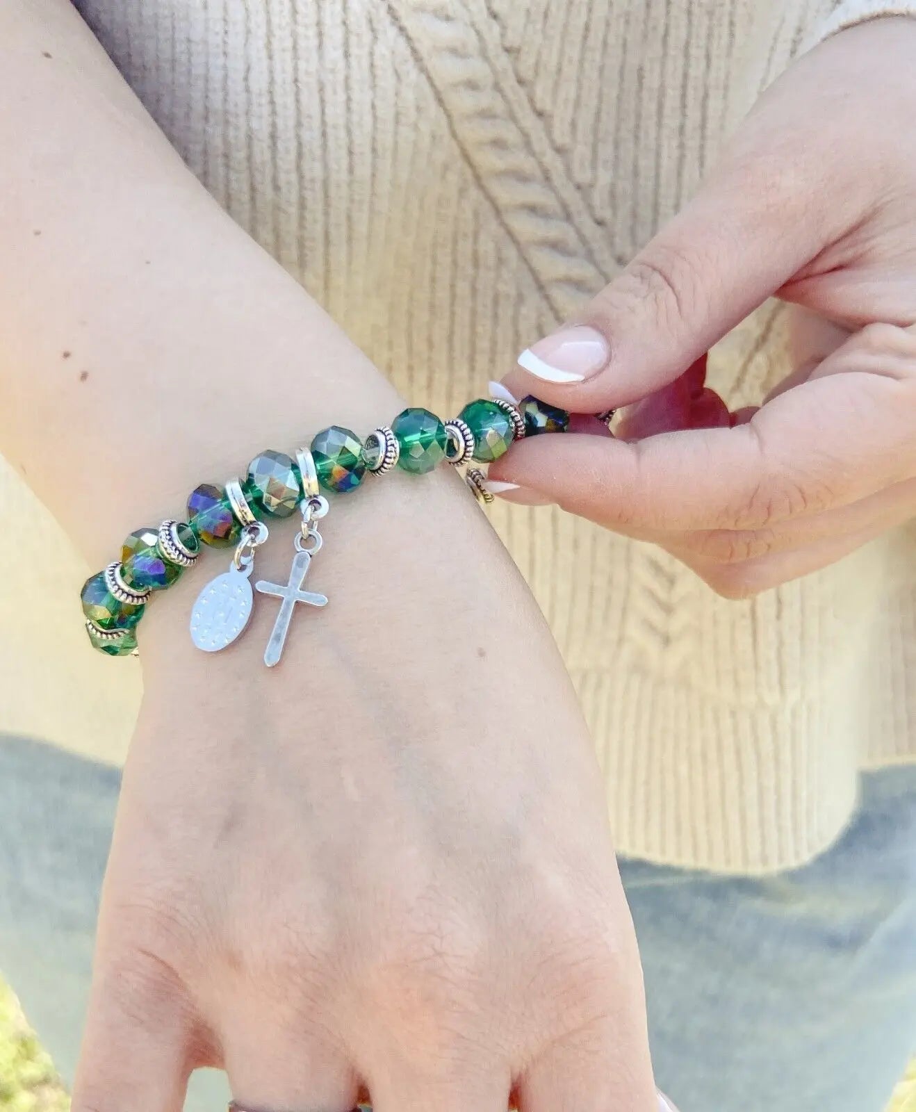 Womens Beaded Rosary Bracelet Crystal Beads Cross & Miraculous Medal Nazareth Store