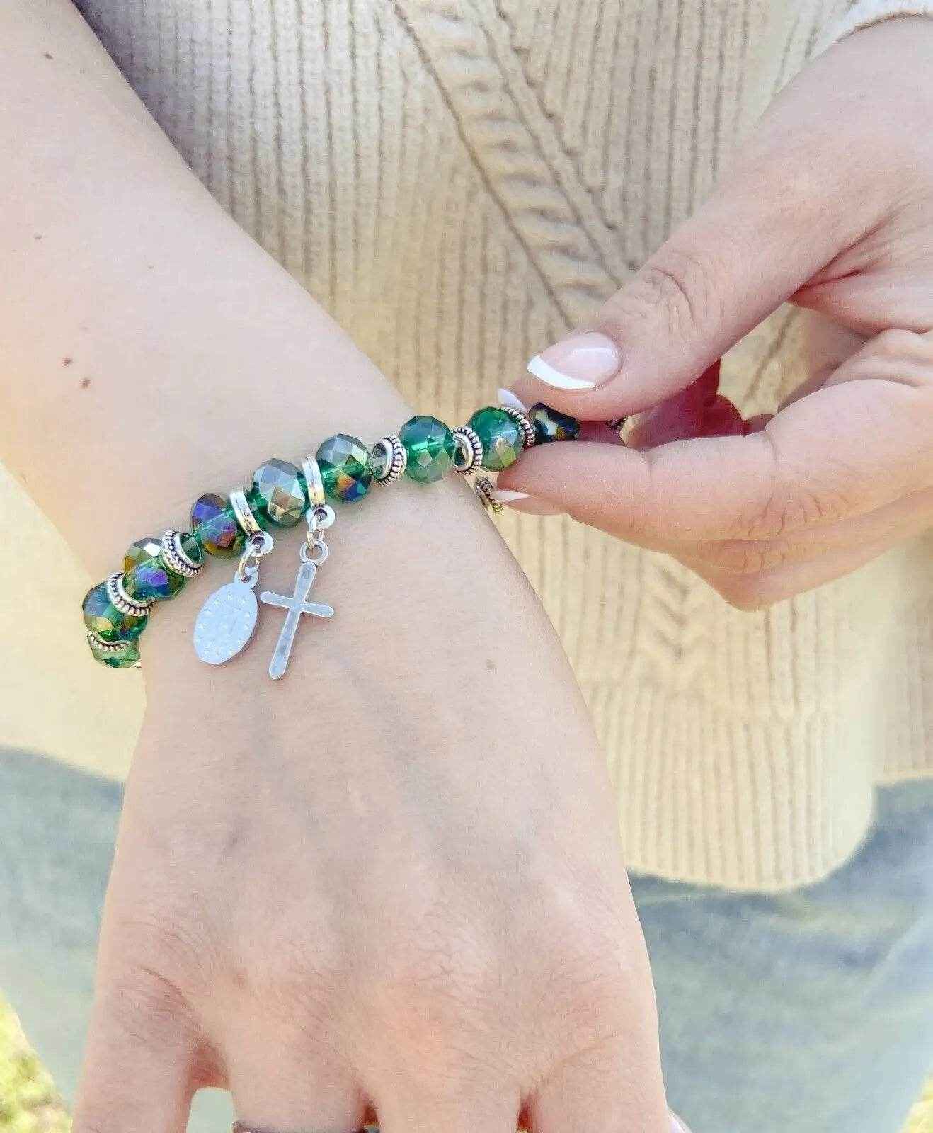 Womens Beaded Rosary Bracelet Crystal Beads Cross & Miraculous Medal