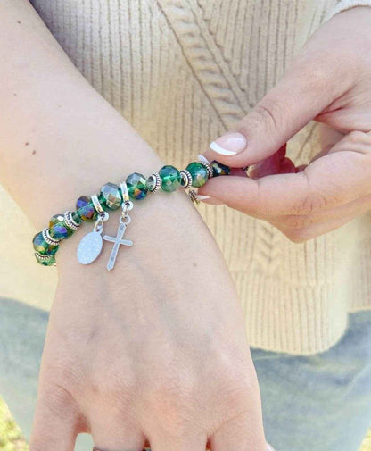 Womens Beaded Rosary Bracelet Crystal Beads Cross & Miraculous Medal