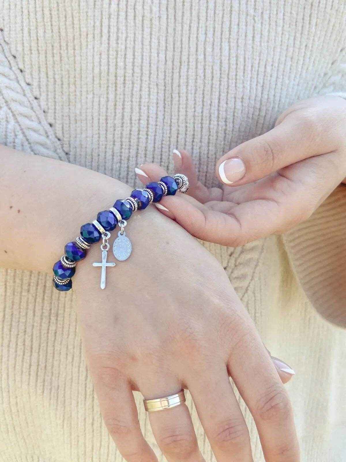 Womens Beaded Rosary Bracelet Crystal Beads Cross & Miraculous Medal