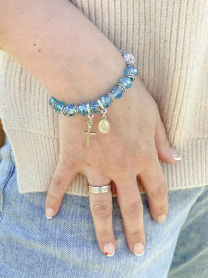 Womens Beaded Rosary Bracelet Crystal Beads Cross & Miraculous Medal