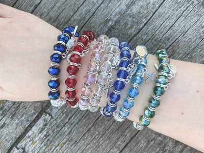 Womens Beaded Rosary Bracelet Crystal Beads Cross & Miraculous Medal