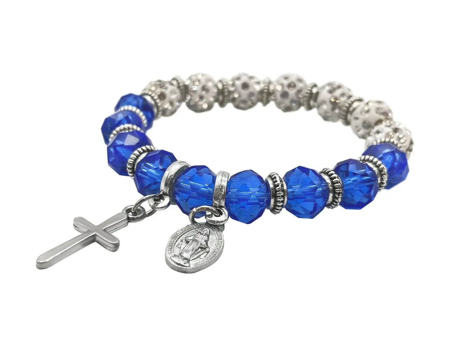 Womens Beaded Rosary Bracelet Crystal Beads Cross & Miraculous Medal - Nazareth Store