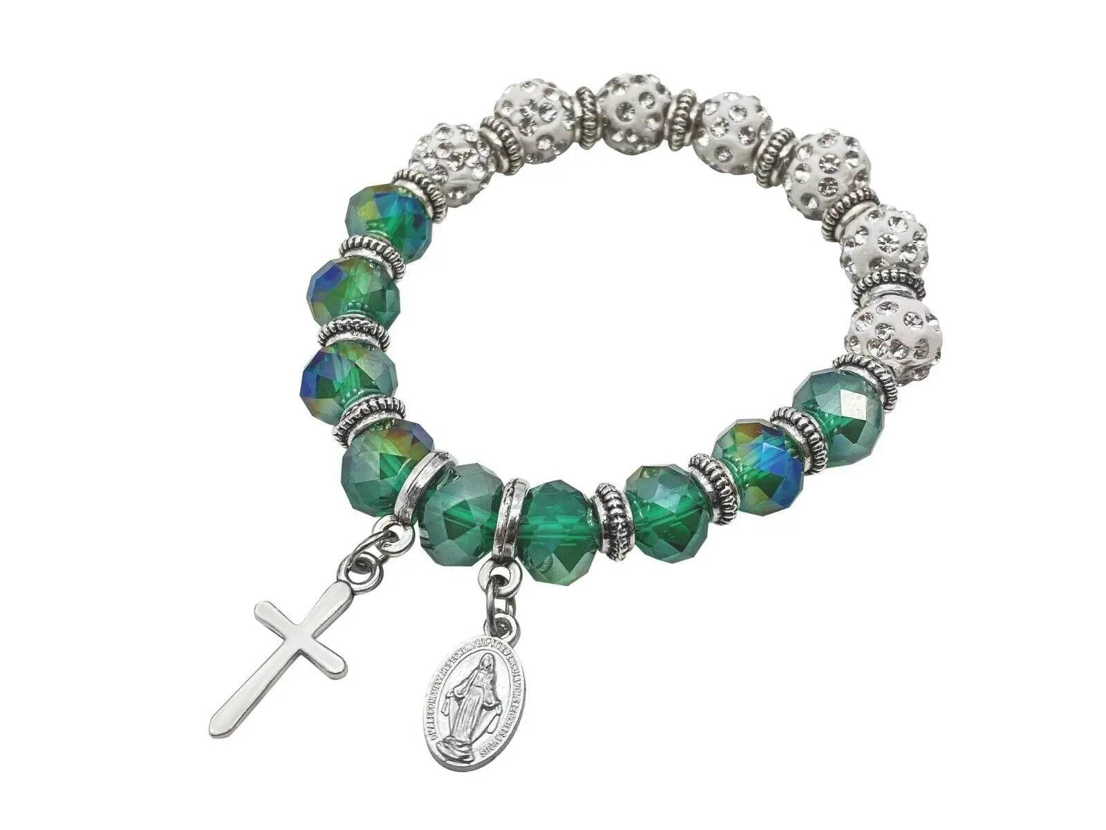 Womens Beaded Rosary Bracelet Crystal Beads Cross & Miraculous Medal - Nazareth Store