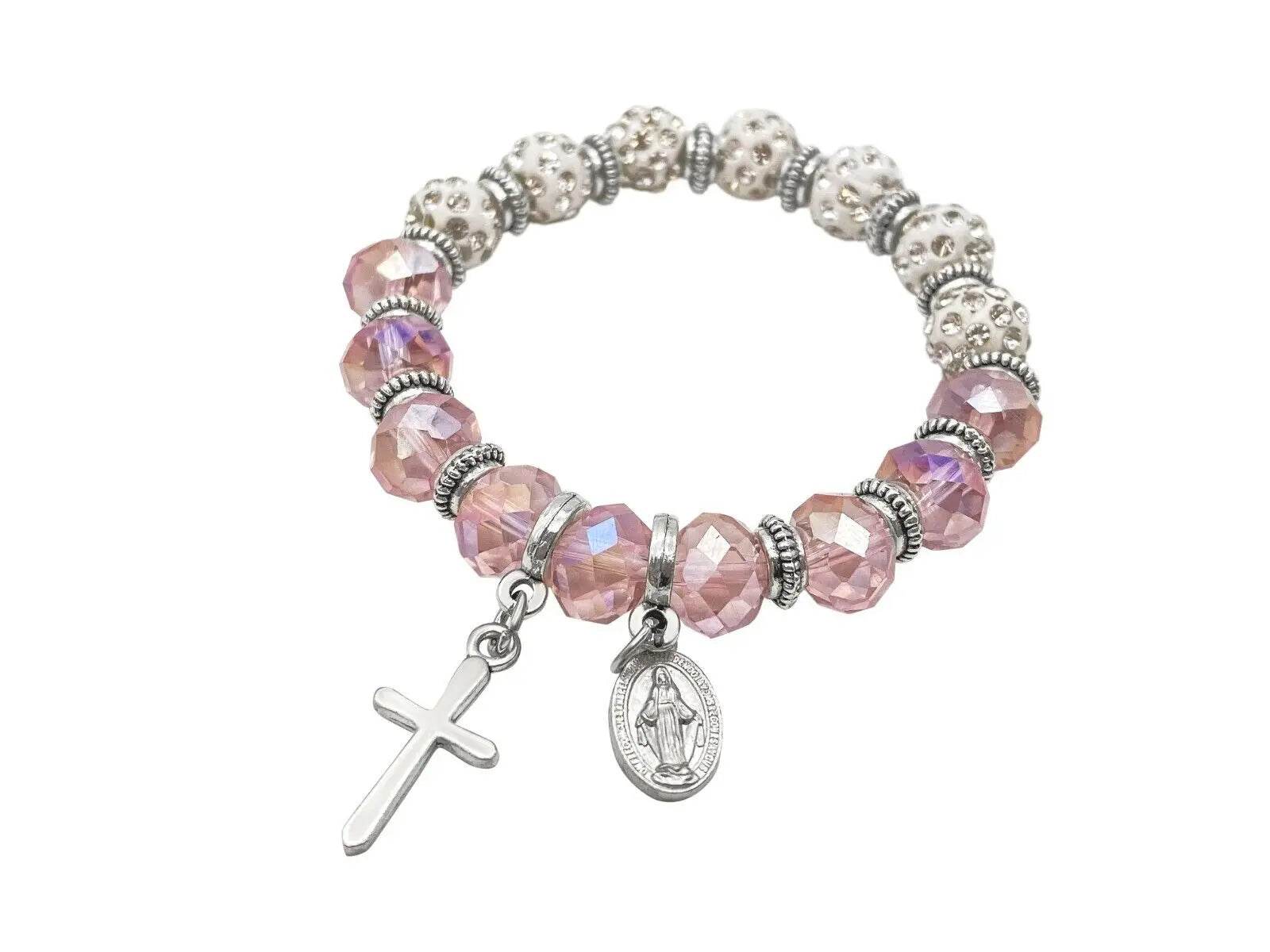 Womens Beaded Rosary Bracelet Crystal Beads Cross & Miraculous Medal - Nazareth Store