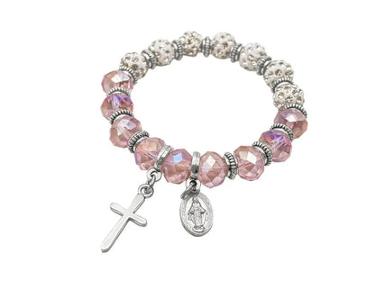 Womens Beaded Rosary Bracelet Crystal Beads Cross & Miraculous Medal - Nazareth Store