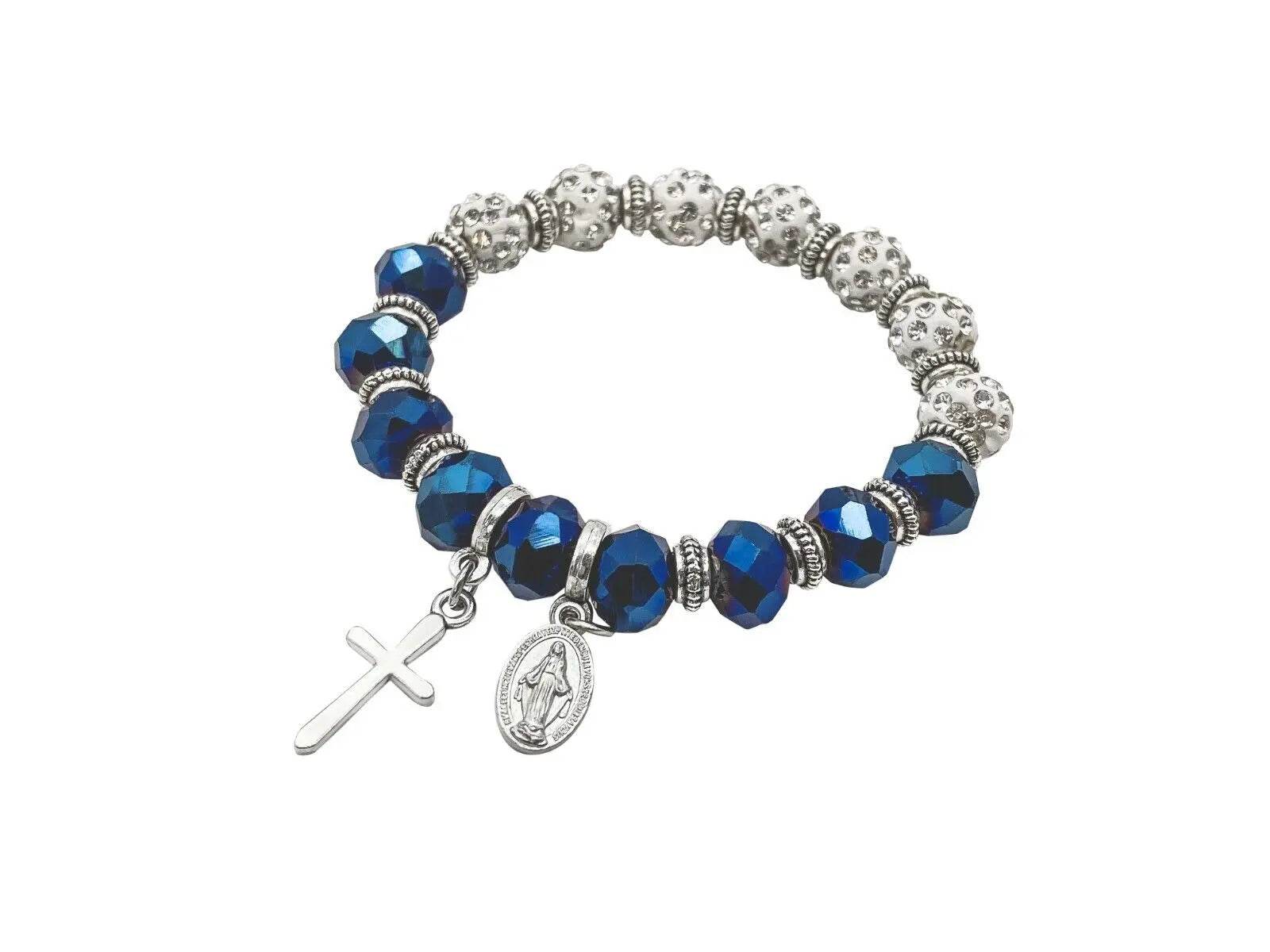 Womens Beaded Rosary Bracelet Crystal Beads Cross & Miraculous Medal - Nazareth Store