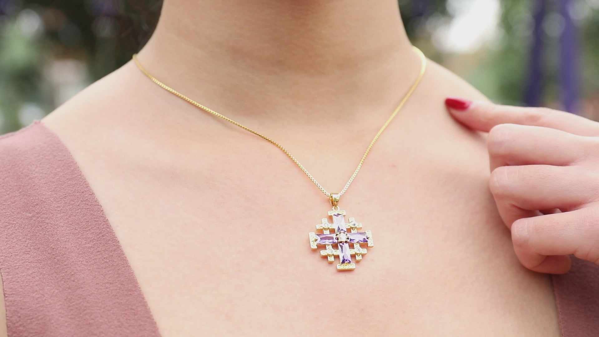 Purple Topaz Jerusalem Cross Pendant 20" Gold Plated Necklace