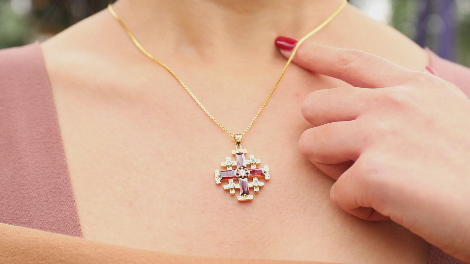 Red Garnet Cross Pendant Gold Plated Catholic Necklace Crystallized Glass 20"